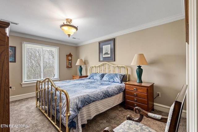 carpeted bedroom featuring baseboards, ornamental molding, and visible vents