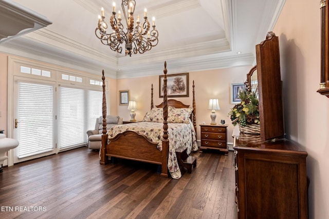 bedroom featuring access to outside, a raised ceiling, a chandelier, dark wood finished floors, and ornamental molding