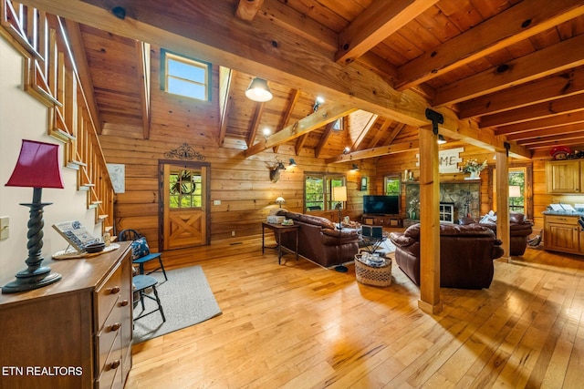761 N Knob Creek Rd, Seymour, TN 37865 - living room featuring wooden ceiling, light wood finished floors, stairs, healthy amount of natural light, and wooden walls