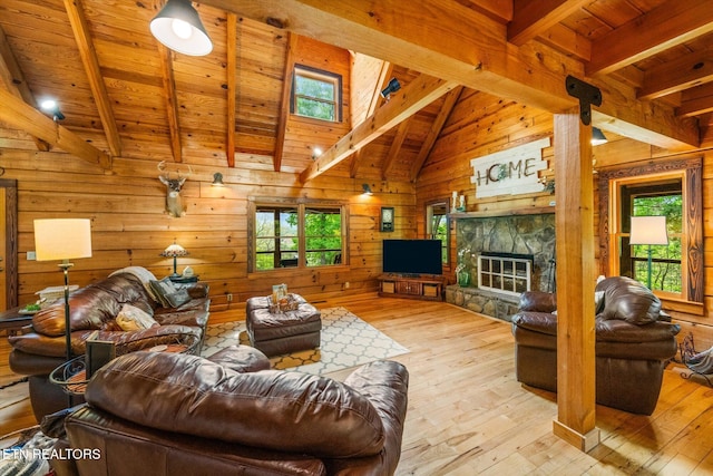 761 N Knob Creek Rd, Seymour, TN 37865 - living room with wooden ceiling, hardwood / wood-style flooring, healthy amount of natural light, wood walls, and a fireplace