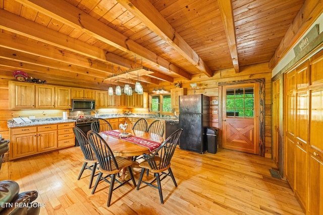 761 N Knob Creek Rd, Seymour, TN 37865 - dining space featuring light wood-style floors, wood ceiling with exposed beams, and wooden walls