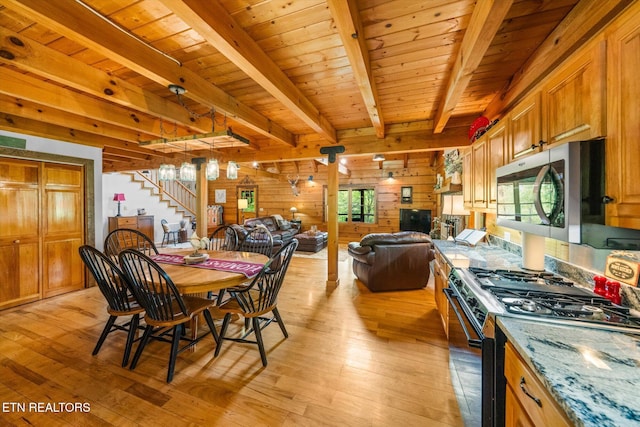 761 N Knob Creek Rd, Seymour, TN 37865 - dining area with light wood-type flooring, stairway, wood ceiling with exposed beams, and wooden walls