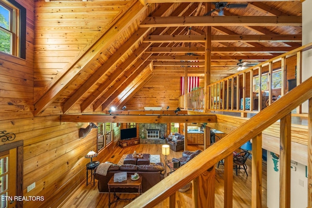761 N Knob Creek Rd, Seymour, TN 37865 - stairway with wooden walls, hardwood / wood-style flooring, a glass covered fireplace, a ceiling fan, and wood ceiling