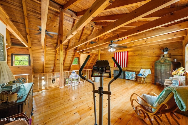 761 N Knob Creek Rd, Seymour, TN 37865 - sitting room with wooden walls, wood ceiling, hardwood / wood-style flooring, and ceiling fan