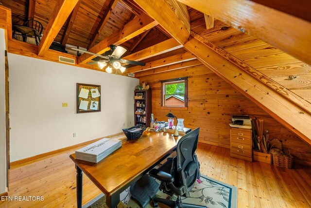 761 N Knob Creek Rd, Seymour, TN 37865 - office space featuring wood ceiling, light wood-style floors, wooden walls, ceiling fan, and baseboards