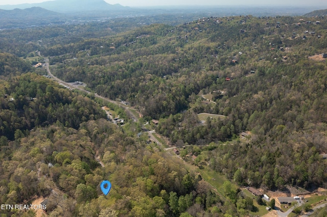 drone / aerial view with a wooded view and a mountain view