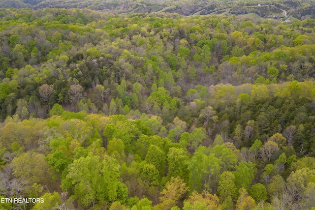 drone / aerial view with a wooded view