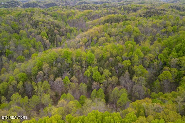 drone / aerial view with a wooded view