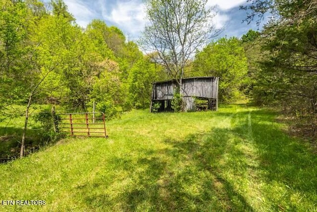 view of yard with a view of trees and an outdoor structure