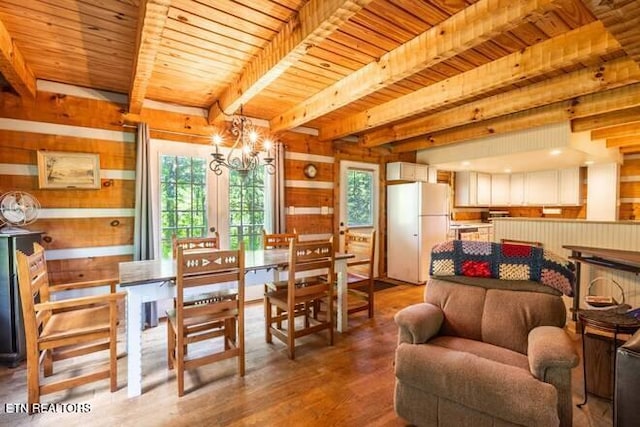 interior space with wood ceiling, wood finished floors, beam ceiling, and wooden walls
