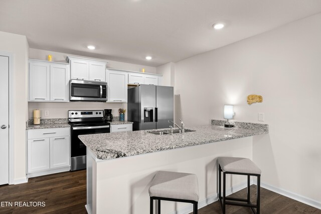 1423 Ridge Estates Dr, Athens, TN 37303 - kitchen with stainless steel appliances, a sink, a peninsula, dark wood-type flooring, and a kitchen bar