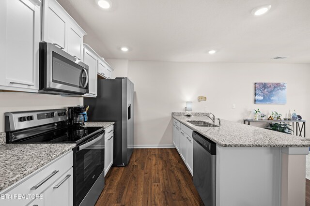 1423 Ridge Estates Dr, Athens, TN 37303 - kitchen with stainless steel appliances, a peninsula, dark wood finished floors, a sink, and white cabinetry