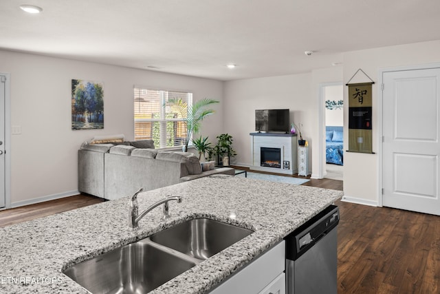 1423 Ridge Estates Dr, Athens, TN 37303 - kitchen featuring a sink, stainless steel dishwasher, open floor plan, light stone countertops, and recessed lighting
