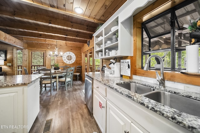 kitchen featuring wooden walls, open shelves, a sink, light wood-style floors, and wooden ceiling