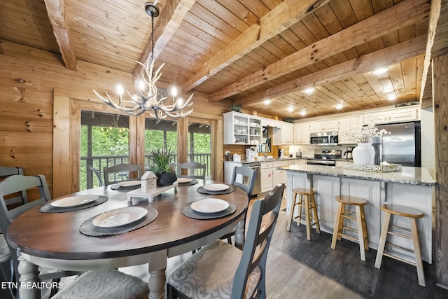 dining area with wood ceiling, beamed ceiling, dark wood-style floors, a notable chandelier, and wooden walls