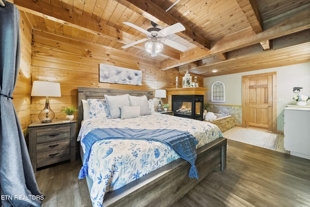 bedroom featuring beam ceiling, wood finished floors, wooden walls, wooden ceiling, and a multi sided fireplace