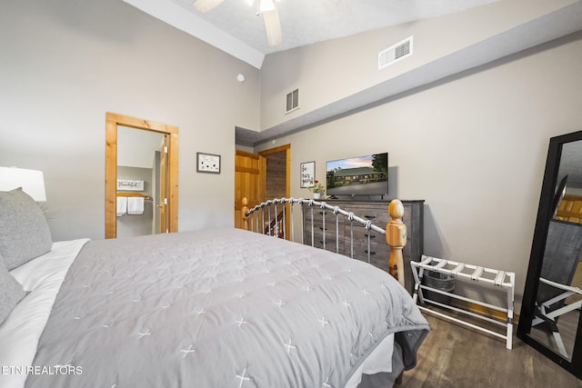 bedroom featuring ceiling fan, high vaulted ceiling, visible vents, and wood finished floors
