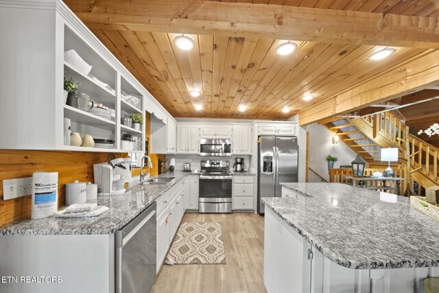 kitchen with wood ceiling, a sink, stainless steel appliances, recessed lighting, and light wood-style flooring