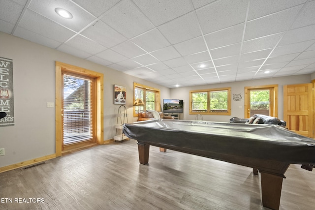 game room featuring a drop ceiling, wood finished floors, and billiards