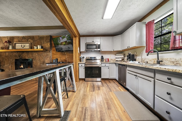 901 Sunrise Blvd, Sevierville, TN 37862 - kitchen featuring a fireplace, light wood-type flooring, a textured ceiling, a sink, and stainless steel appliances