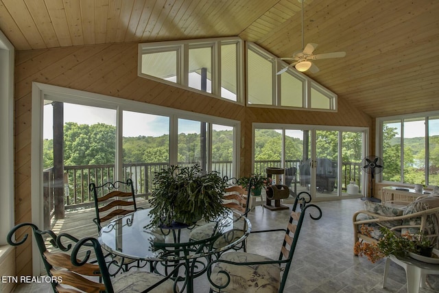 sunroom / solarium with high vaulted ceiling, wood walls, and wooden ceiling