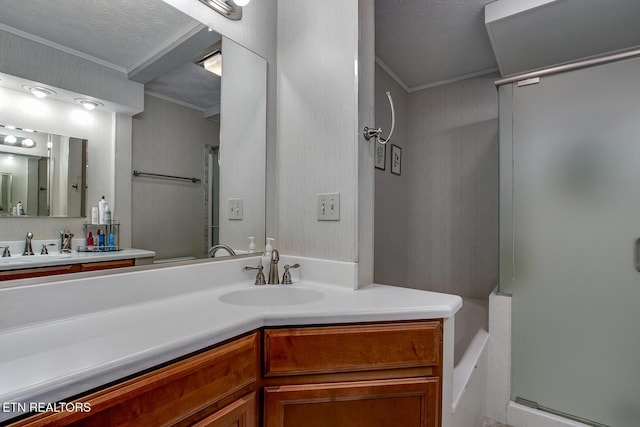 bathroom with crown molding, a stall shower, and vanity