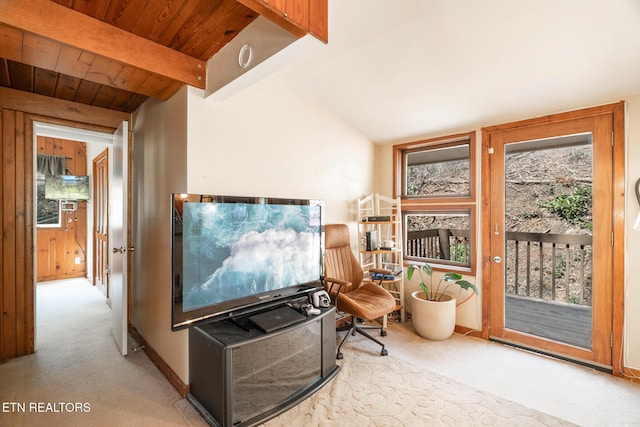 1122 Ski Mountain Rd, Gatlinburg, TN 37738 - living area featuring wood ceiling, lofted ceiling with beams, and carpet floors