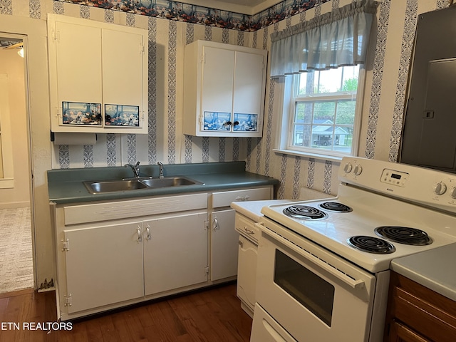 922 W Central Ave, Lafollette, TN 37766 - kitchen featuring white range with electric cooktop, a sink, wallpapered walls, white cabinets, and dark wood finished floors