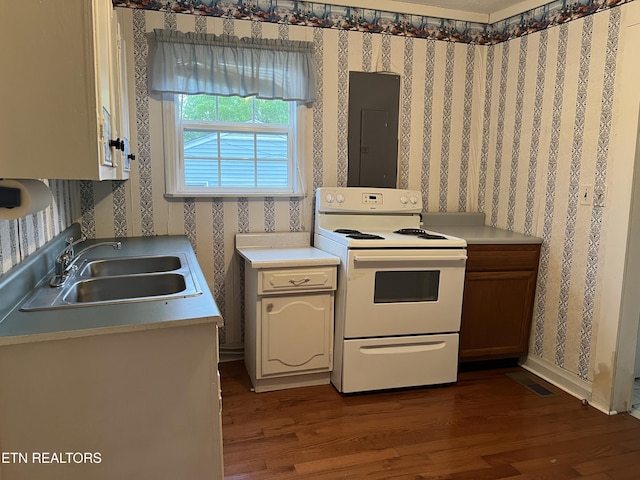 922 W Central Ave, Lafollette, TN 37766 - kitchen featuring electric range, dark wood-style flooring, a sink, and wallpapered walls