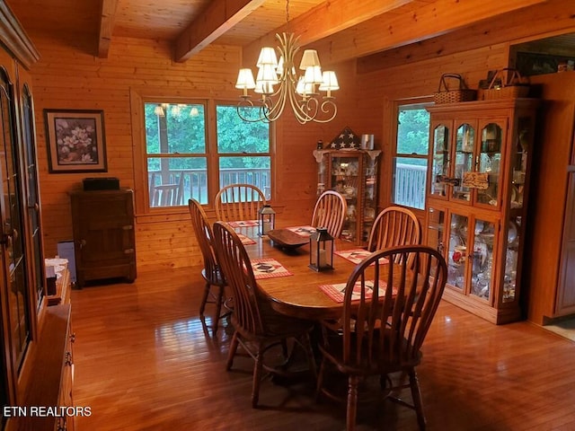 146 Sparkmantown Rd, Rock Island, TN 38581 - dining room featuring beamed ceiling, wood walls, wooden ceiling, wood finished floors, and a notable chandelier