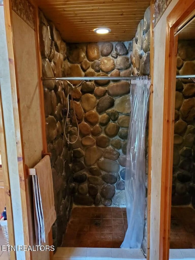 146 Sparkmantown Rd, Rock Island, TN 38581 - interior space featuring wooden ceiling, a shower with shower curtain, and tile patterned flooring