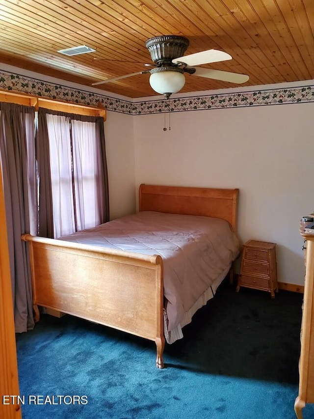146 Sparkmantown Rd, Rock Island, TN 38581 - bedroom with visible vents, wooden ceiling, a ceiling fan, and carpet flooring