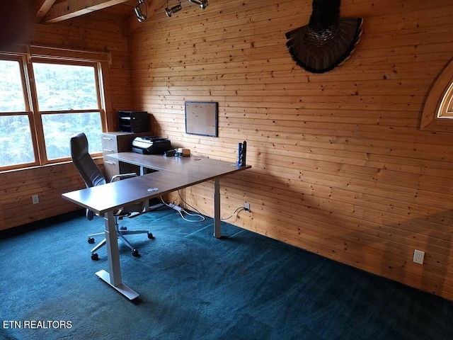 146 Sparkmantown Rd, Rock Island, TN 38581 - carpeted office space featuring wood walls and lofted ceiling with beams