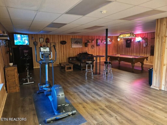 146 Sparkmantown Rd, Rock Island, TN 38581 - exercise area with wood walls, wood finished floors, billiards, and a drop ceiling