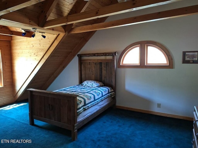 146 Sparkmantown Rd, Rock Island, TN 38581 - bedroom featuring wooden ceiling, baseboards, vaulted ceiling with beams, and carpet floors