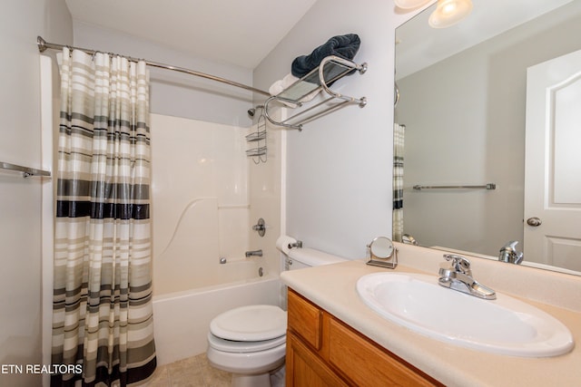 full bathroom with shower / bath combo with shower curtain, toilet, tile patterned flooring, and vanity