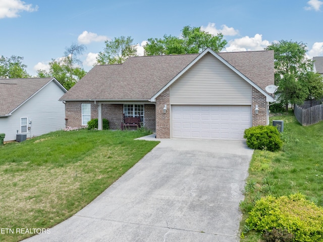 single story home with driveway, central AC, an attached garage, and brick siding