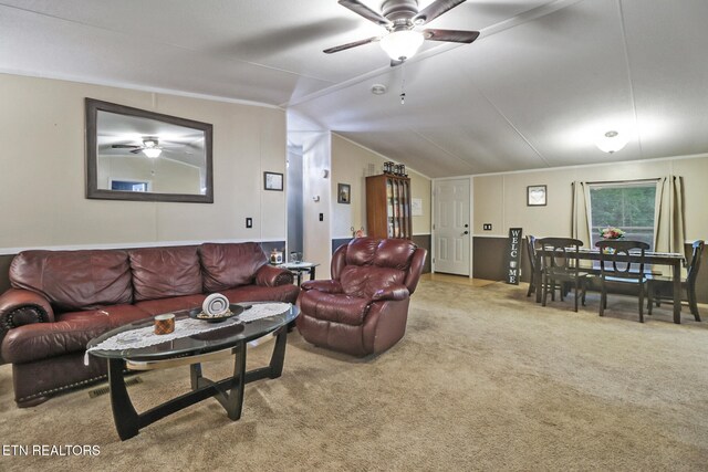119 Sunset View Dr, Kingston, TN 37763 - living room with a ceiling fan, carpet floors, vaulted ceiling, and ornamental molding