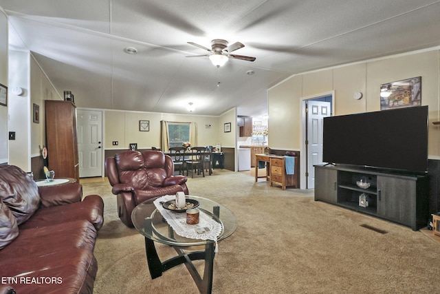 119 Sunset View Dr, Kingston, TN 37763 - living room with light colored carpet, a ceiling fan, and lofted ceiling