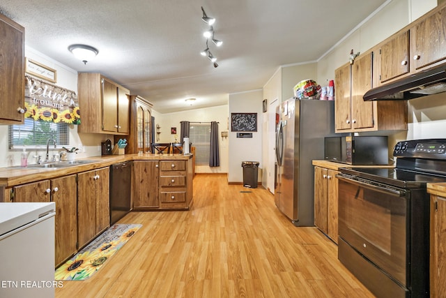 119 Sunset View Dr, Kingston, TN 37763 - kitchen with black appliances, a sink, light wood-style floors, brown cabinetry, and a peninsula