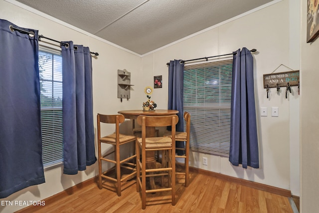 119 Sunset View Dr, Kingston, TN 37763 - dining room featuring vaulted ceiling, wood finished floors, ornamental molding, a textured ceiling, and baseboards