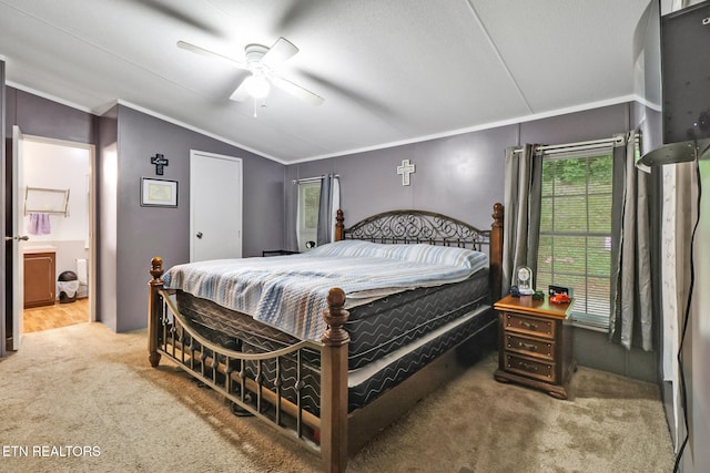 119 Sunset View Dr, Kingston, TN 37763 - bedroom featuring carpet, ornamental molding, multiple windows, vaulted ceiling, and a ceiling fan