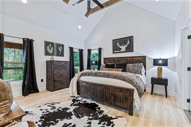 790 Pleasure Rd, Sevierville, TN 37876 - bedroom with recessed lighting, light wood finished floors, baseboards, high vaulted ceiling, and ceiling fan
