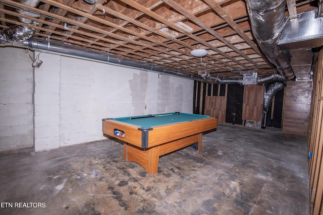 playroom featuring billiards and unfinished concrete flooring