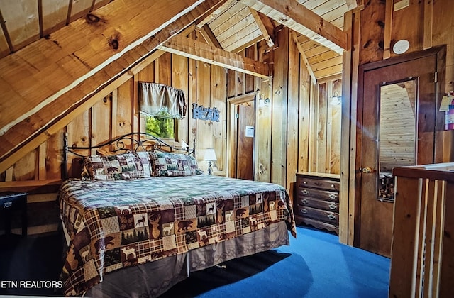 105 Mountain Brook Way, Cosby, TN 37722 - bedroom with vaulted ceiling with beams, carpet floors, wooden walls, and wooden ceiling