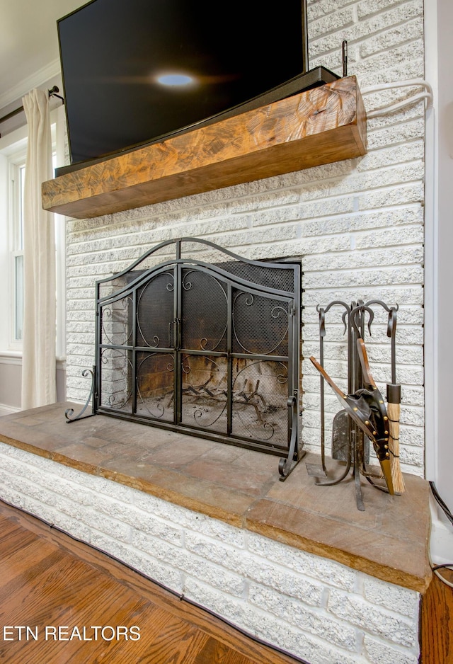 room details with a brick fireplace