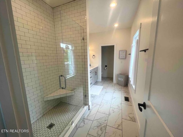 full bathroom with a shower stall, vanity, marble finish floor, visible vents, and recessed lighting