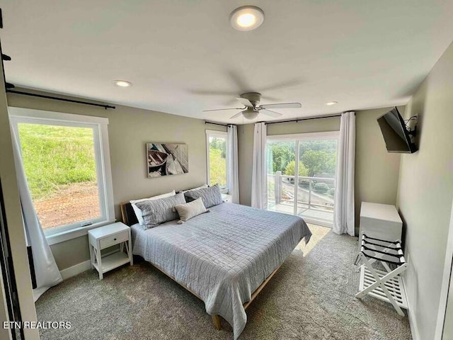 carpeted bedroom featuring recessed lighting, access to exterior, baseboards, and ceiling fan