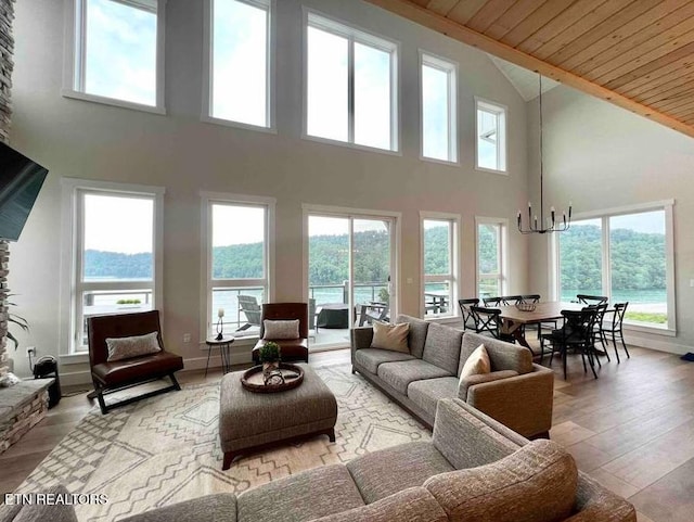 living area featuring an inviting chandelier, wood finished floors, high vaulted ceiling, and wooden ceiling