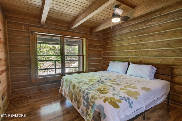 4360 Lakeshore Ave, Sevierville, TN 37876 - bedroom featuring log walls, wood finished floors, beam ceiling, ceiling fan, and wood ceiling